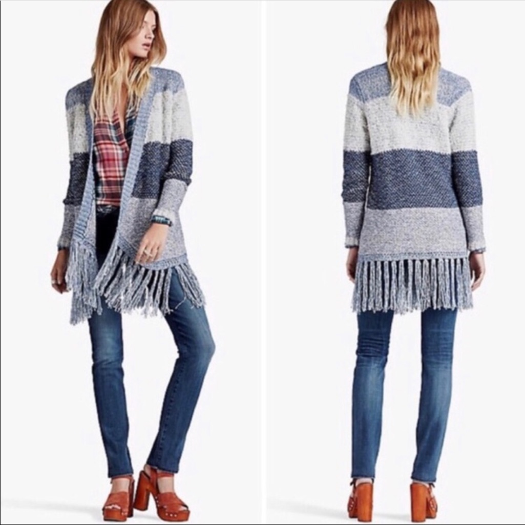 Lucky Brand Stripe Blue Textured Duster Cardigan